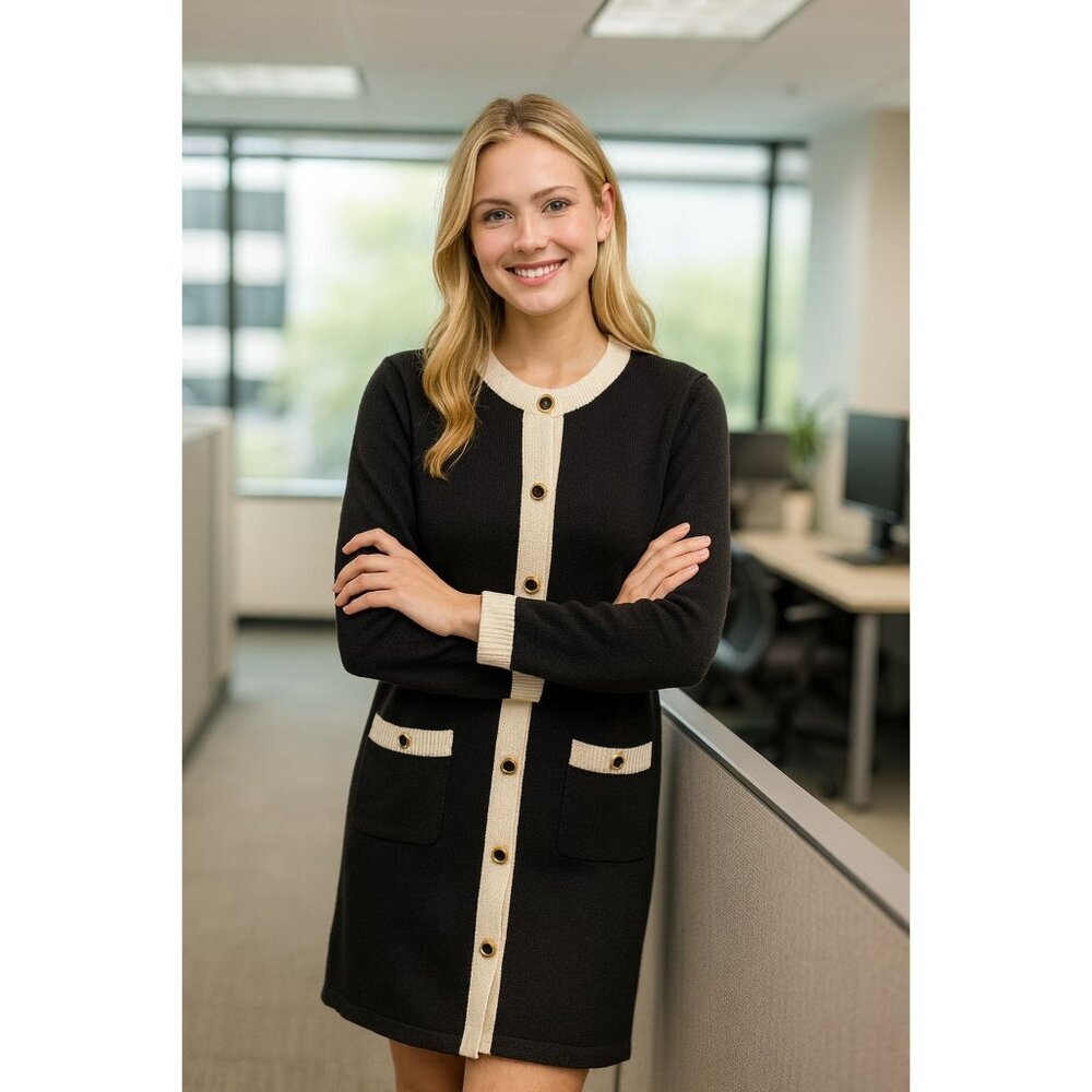 Laura By Alyzia Petites Black & Cream Button-Front Cardigan Dress With Pockets - Picture 3 of 11